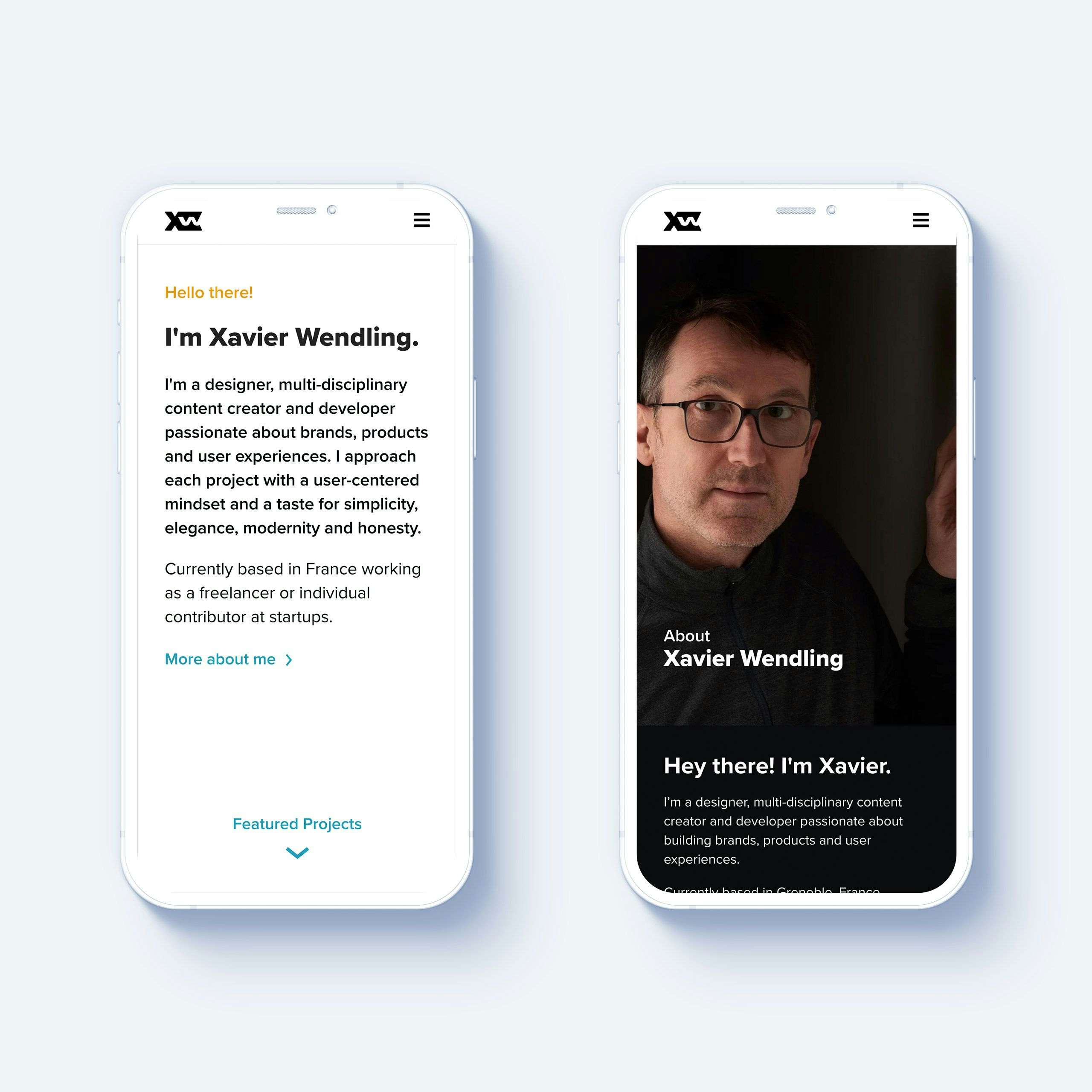 Xavier Wendling website 2021 redesign. iPhone mockups.