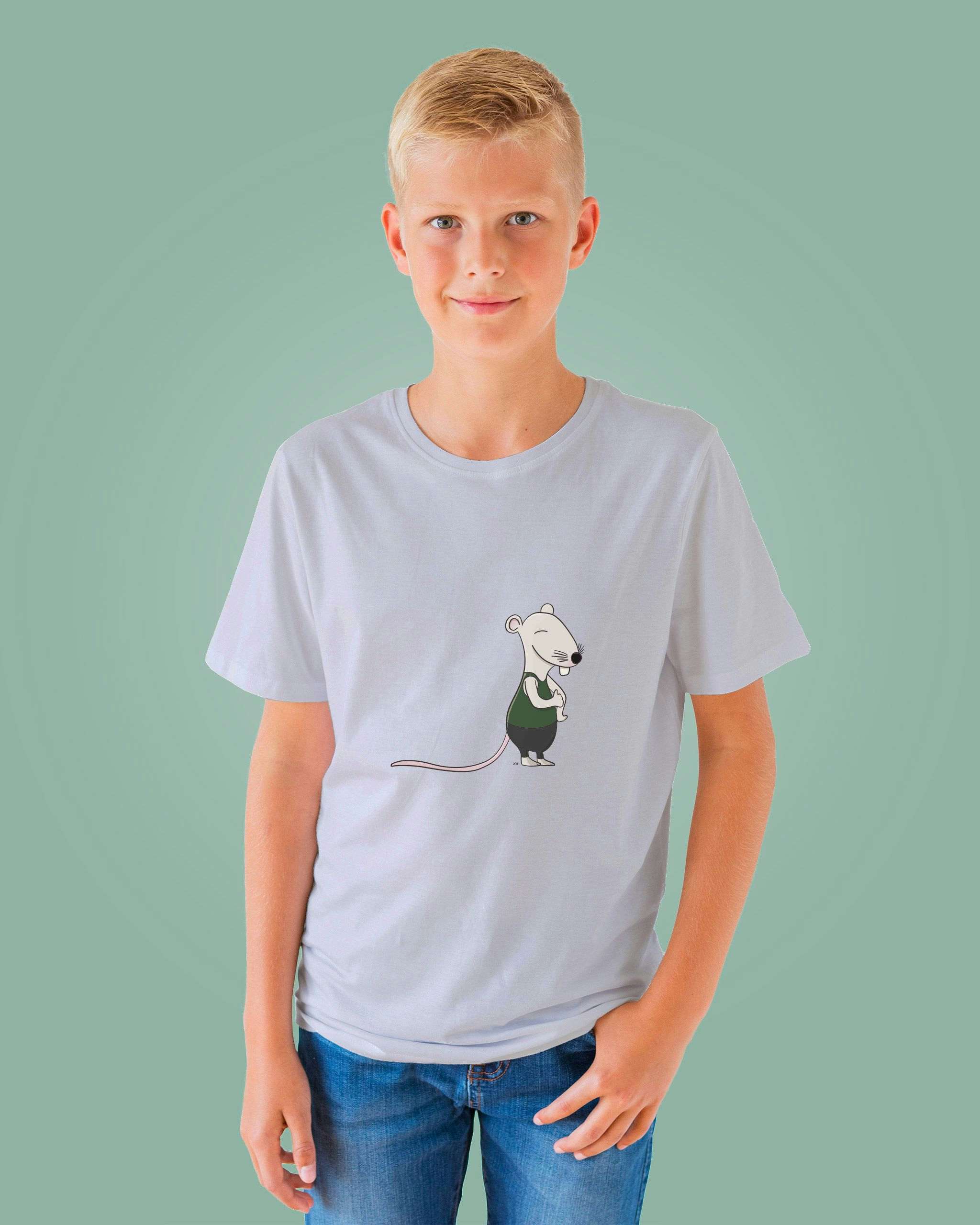 Funny cartoon rat character by Xavier Wendling. Boy t-shirt mockup.