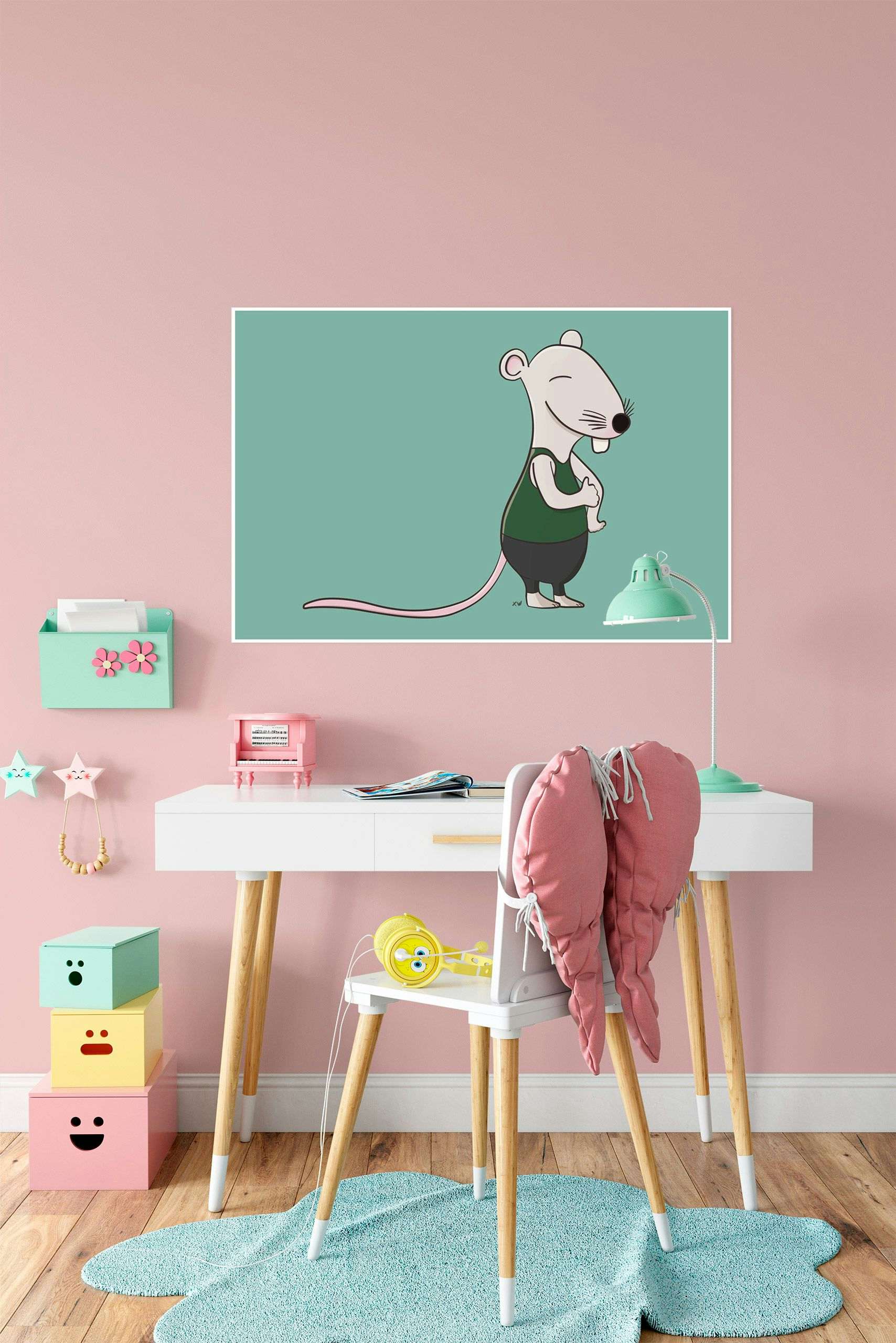 Funny cartoon rat character by Xavier Wendling. Girl room poster mockup.