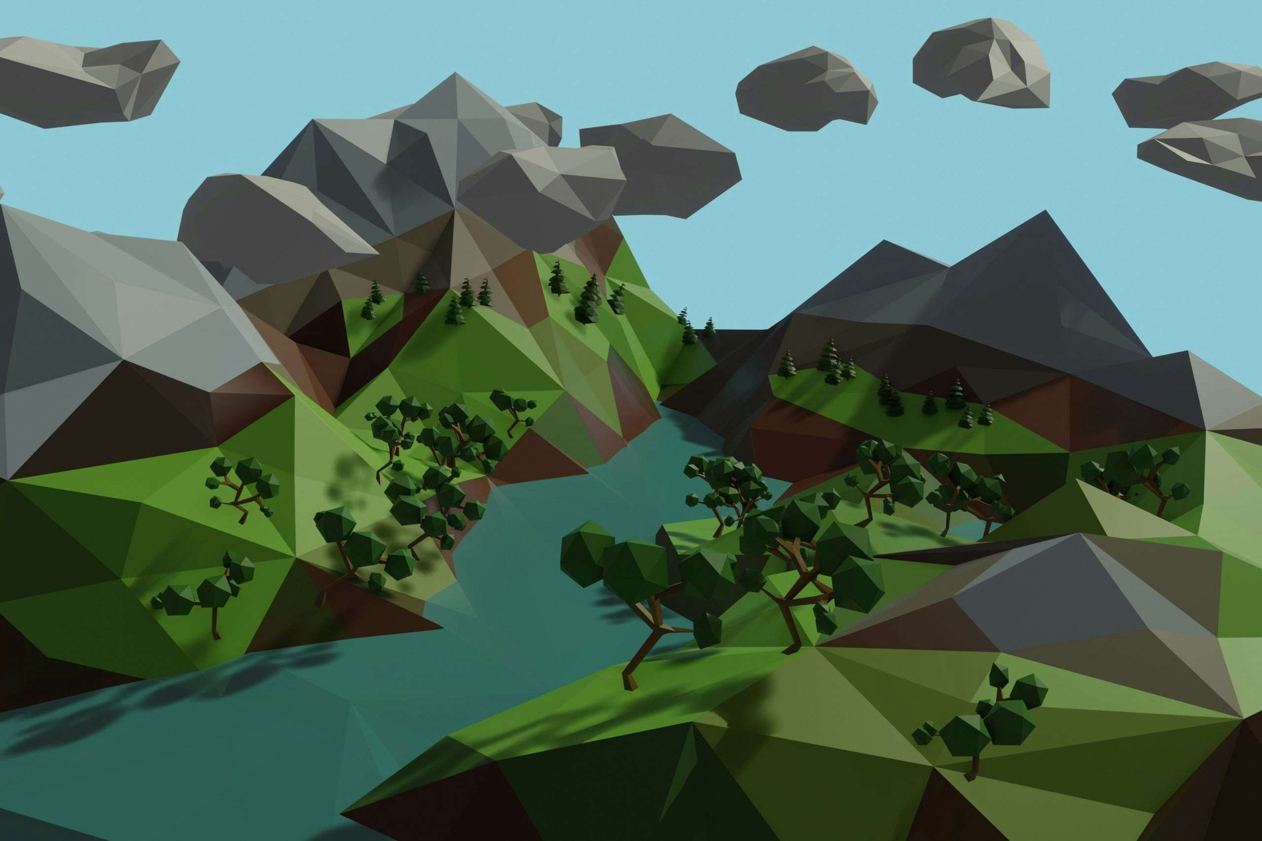Low poly 3D landscape scene created in Blender by Xavier Wendling