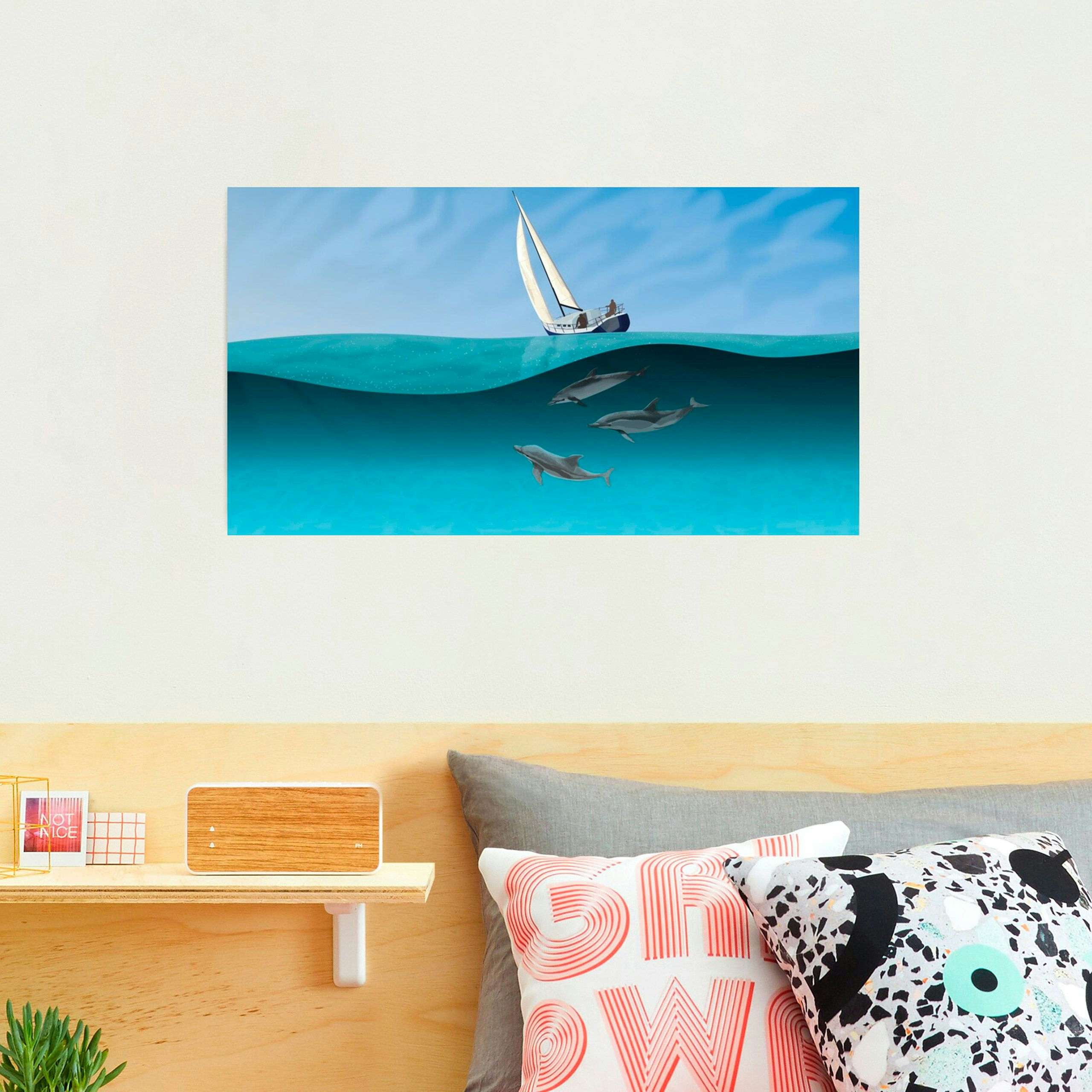 Dolphins chasing a sailboat, Split water illustration by Xavier Wendling. Frame mockup.