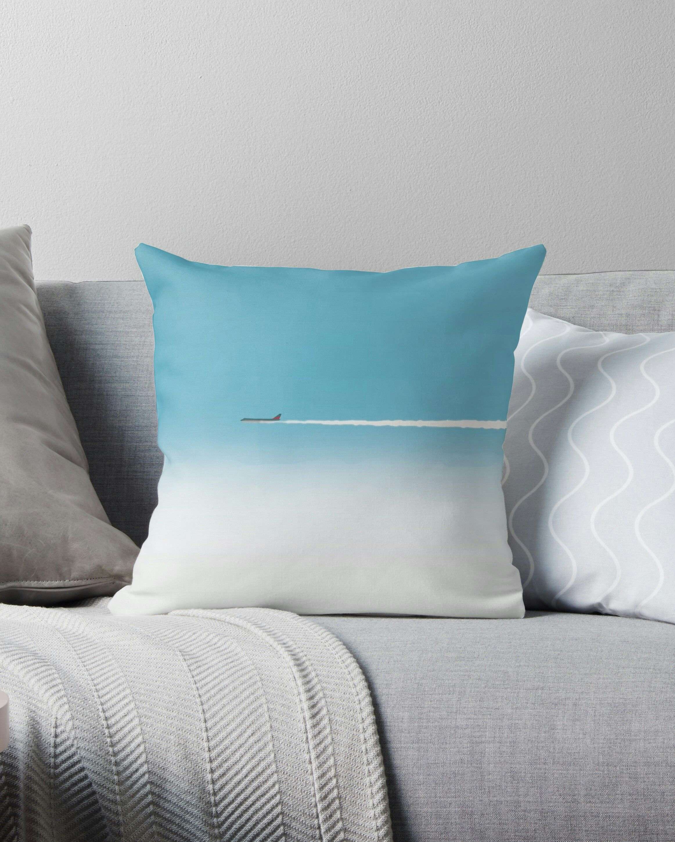 Passing jetliner above a sea of clouds illustration by Xavier Wendling, printed on throw pillow