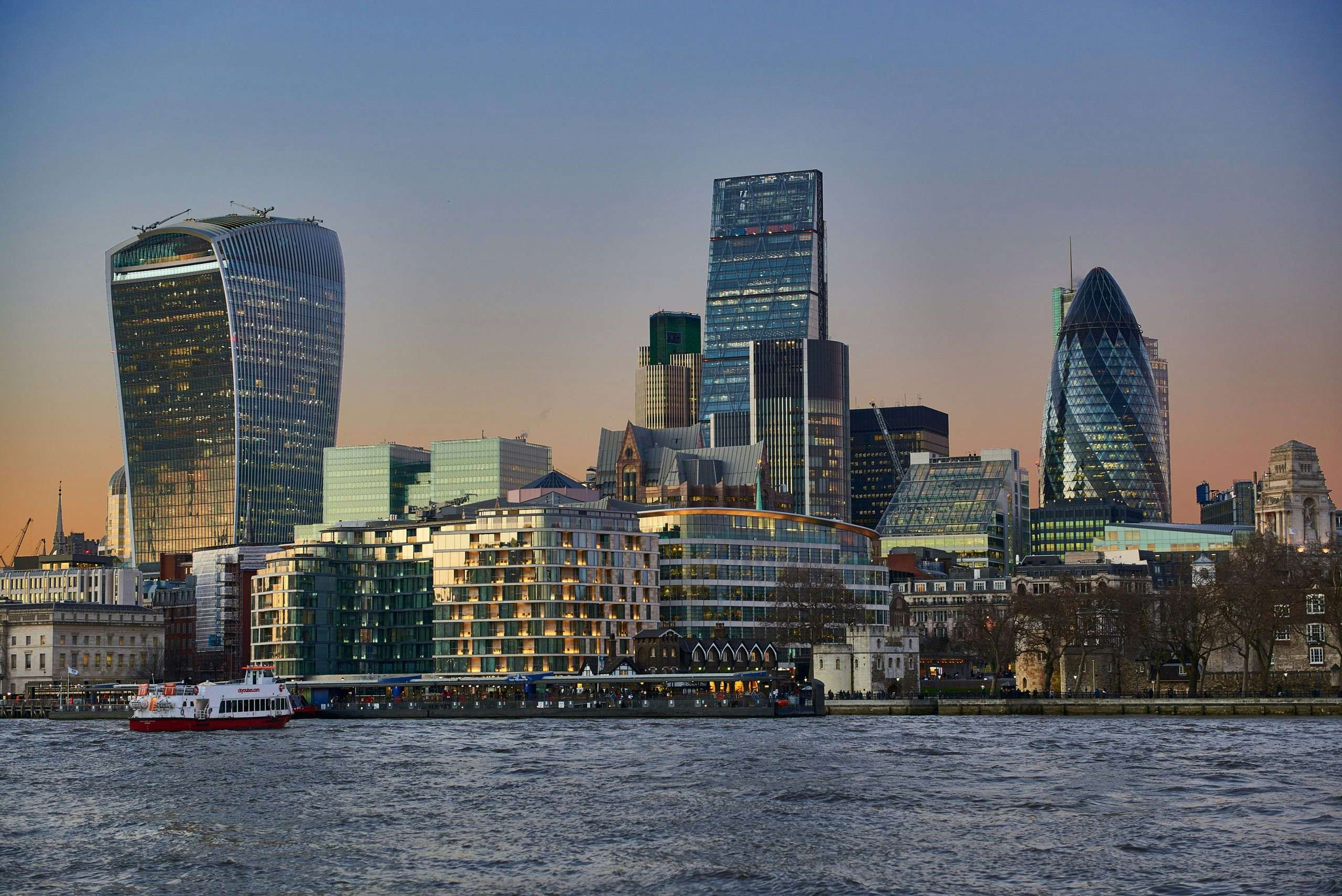 London winter views. The City skyline from across River Thames.