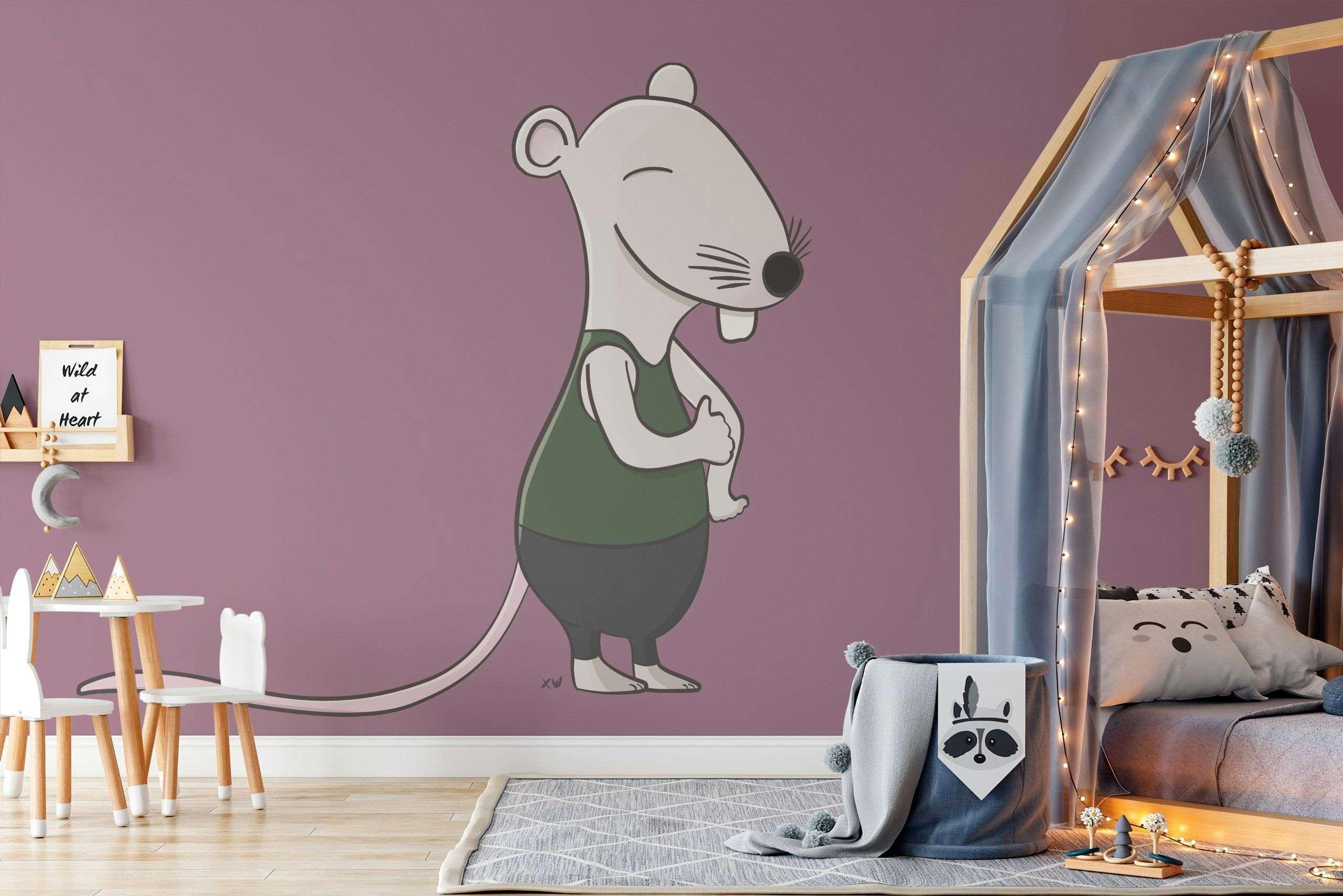 Friendly cartoon rat wall mural by Xavier Wendling,available on Society6.