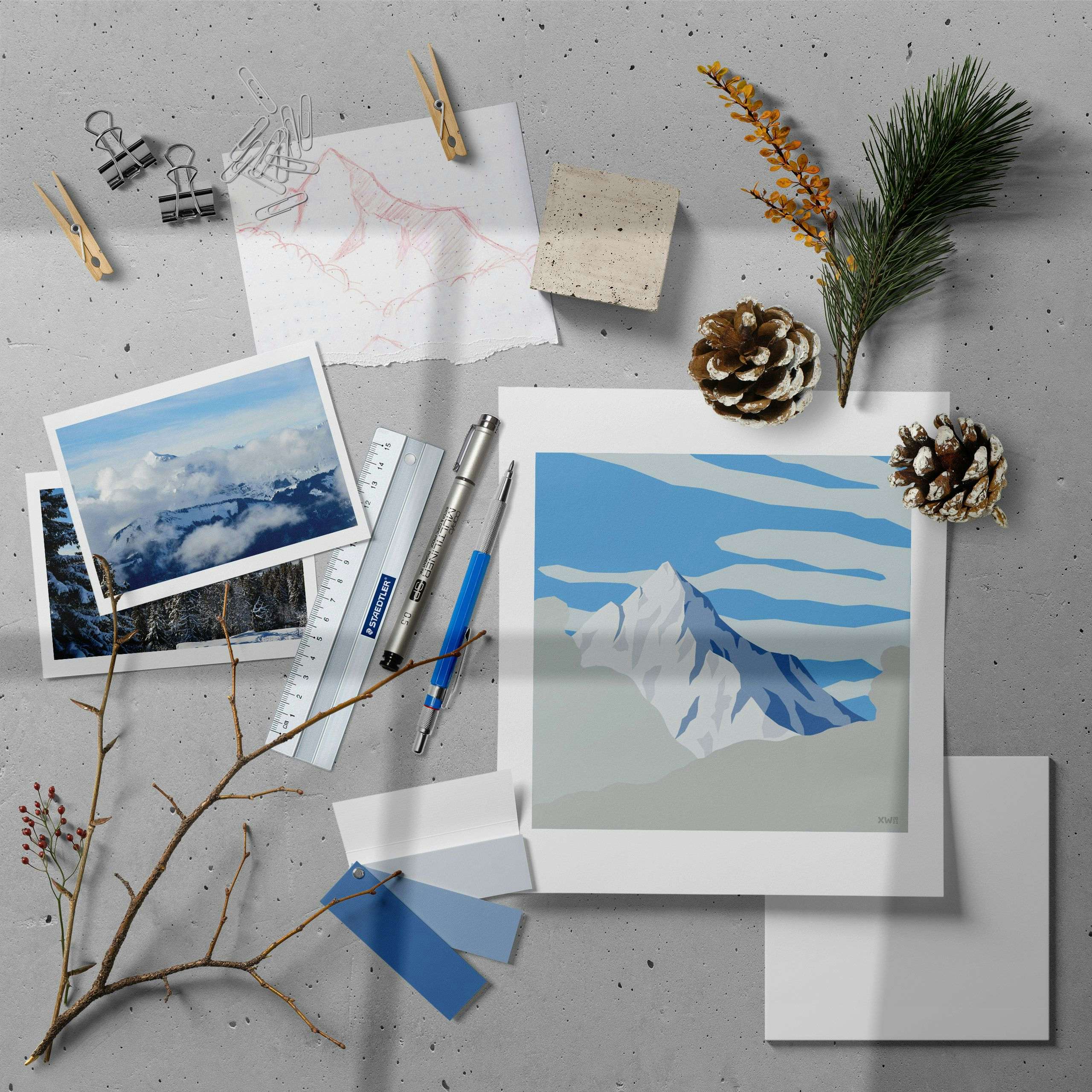 Winter views of Mont Charvin from Les Saisies. Photo, illustration and moodboard by Xavier Wendling.