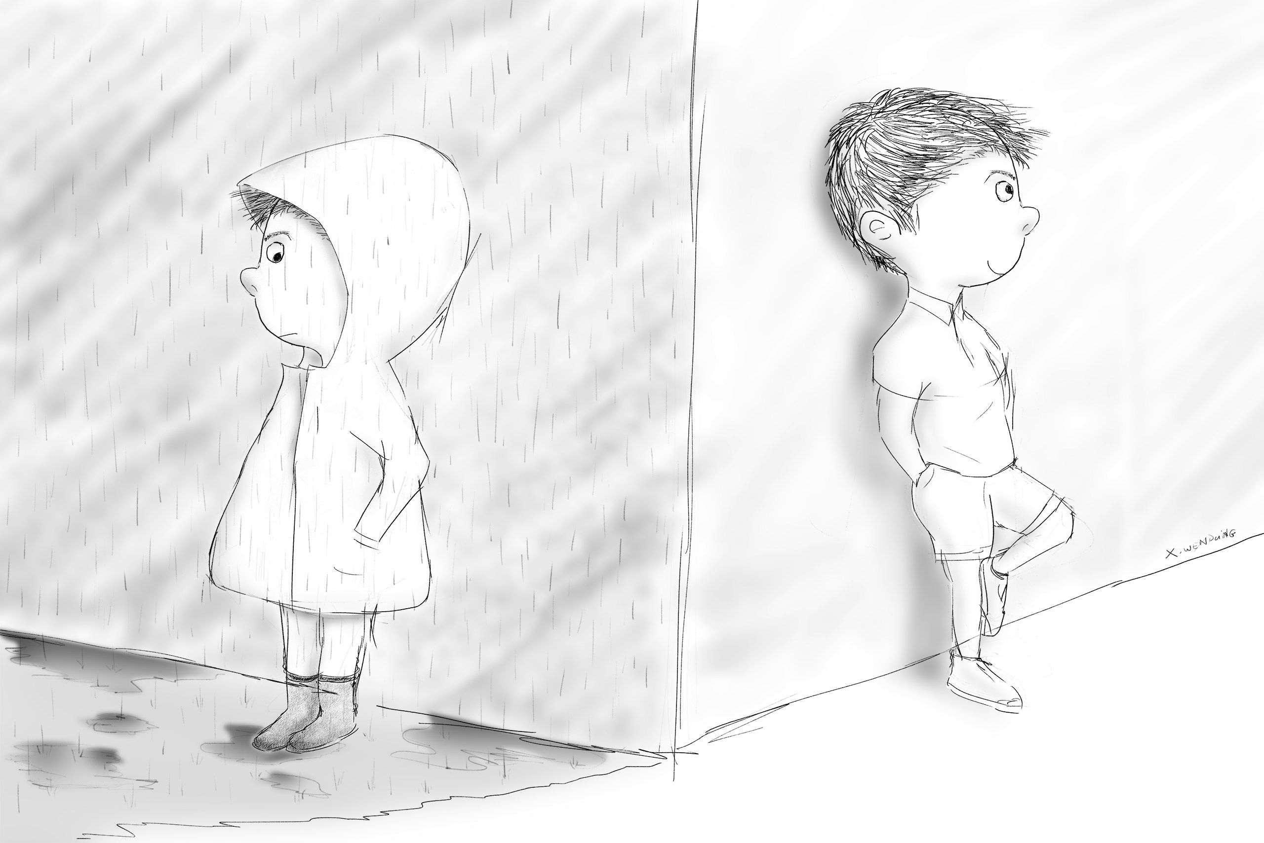 Rainy day, sunny day, boy character sketch illustration by Xavier Wendling