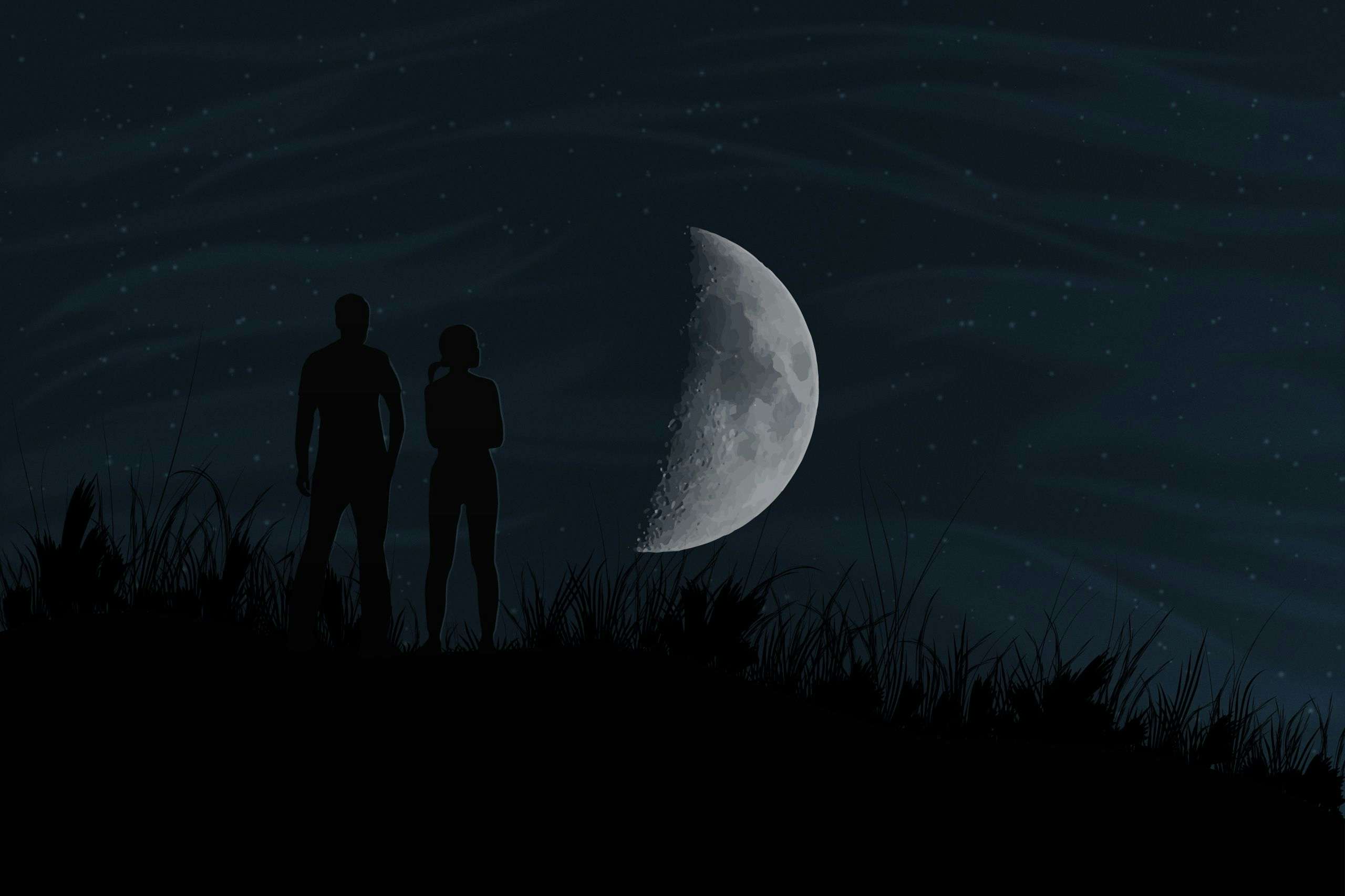 Sporty couple admiring a super moon silhouette illustration by Xavier Wendling