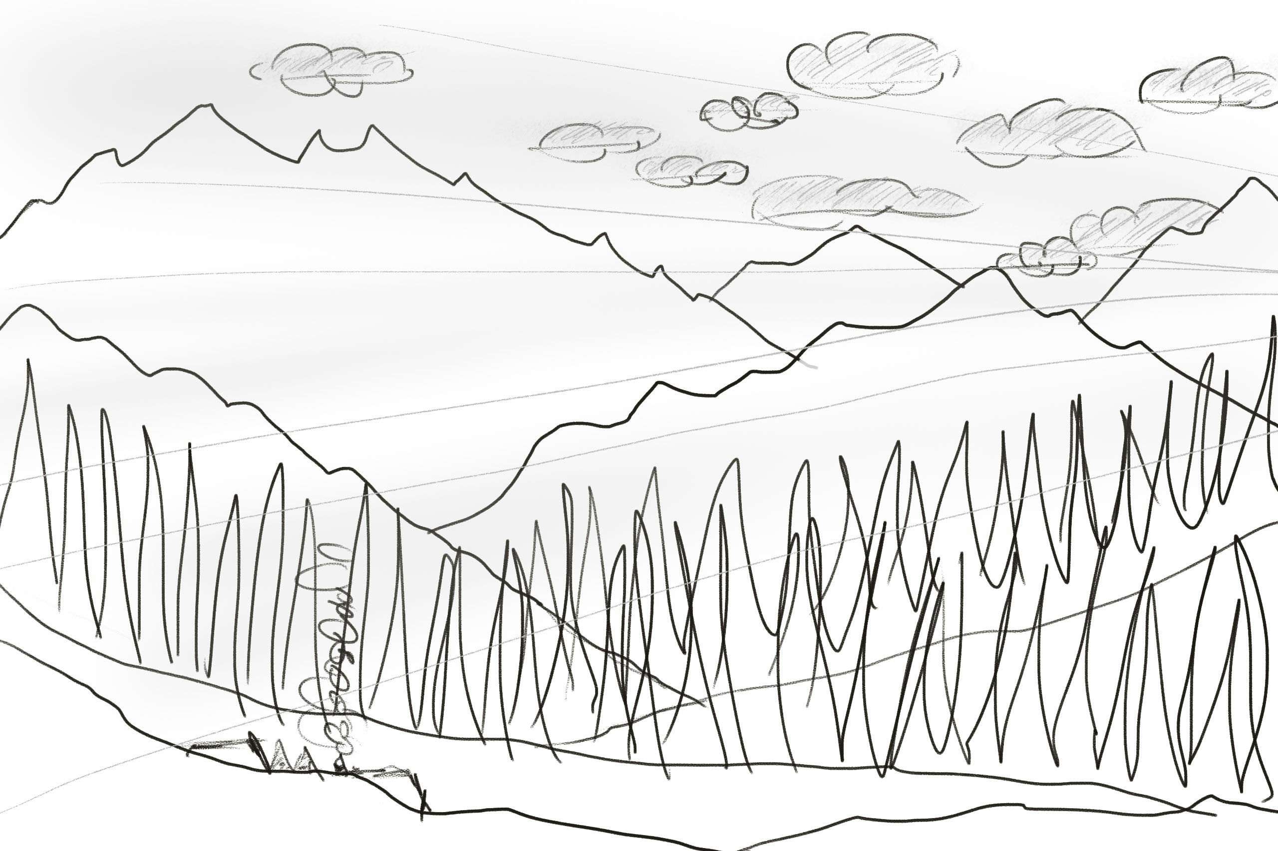 Raw sketch of an alpine landscape scene by Xavier Wendling
