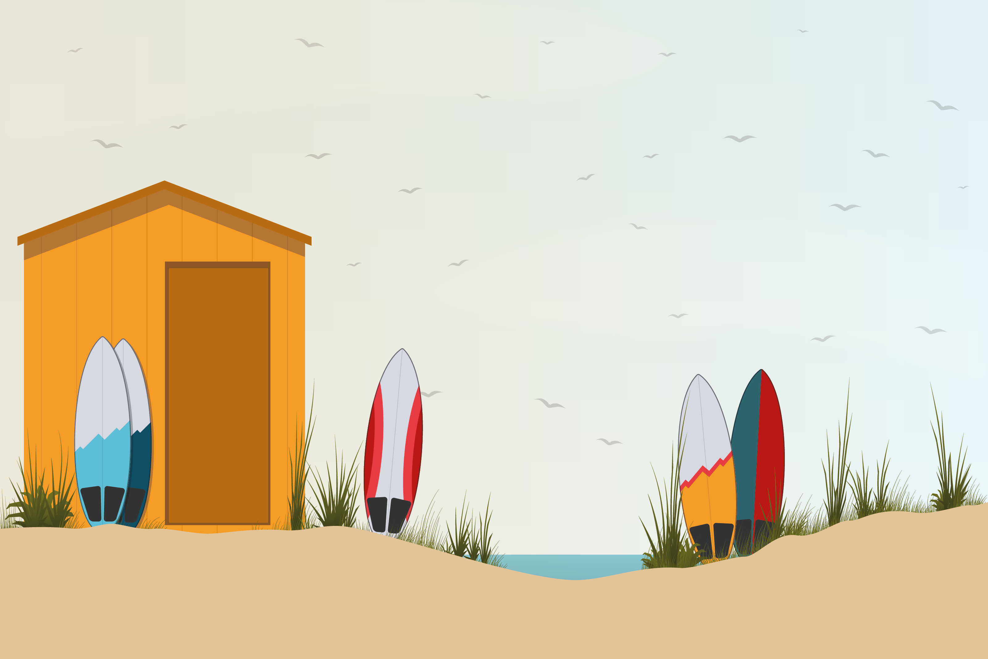 Beach hut and surf boards illustration by Xavier Wendling