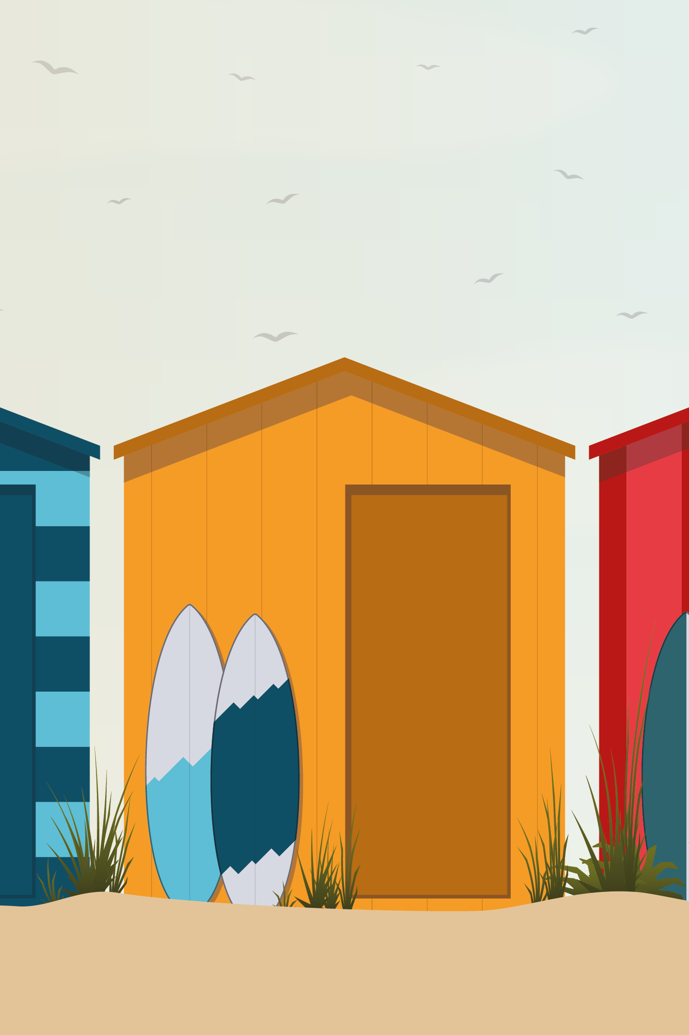 Beach huts and surf boards illustration by Xavier Wendling