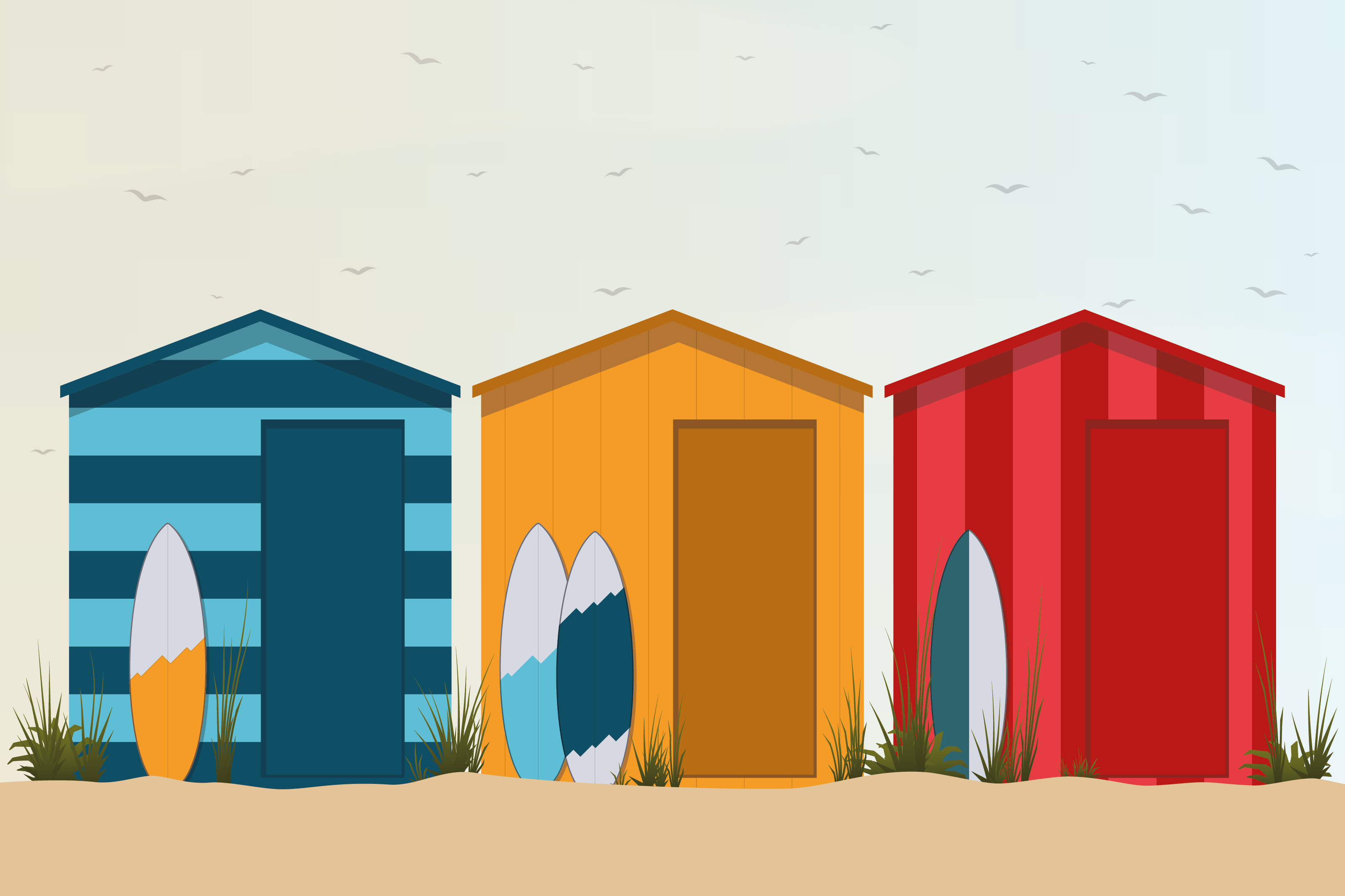 Beach huts and surf boards illustration by Xavier Wendling