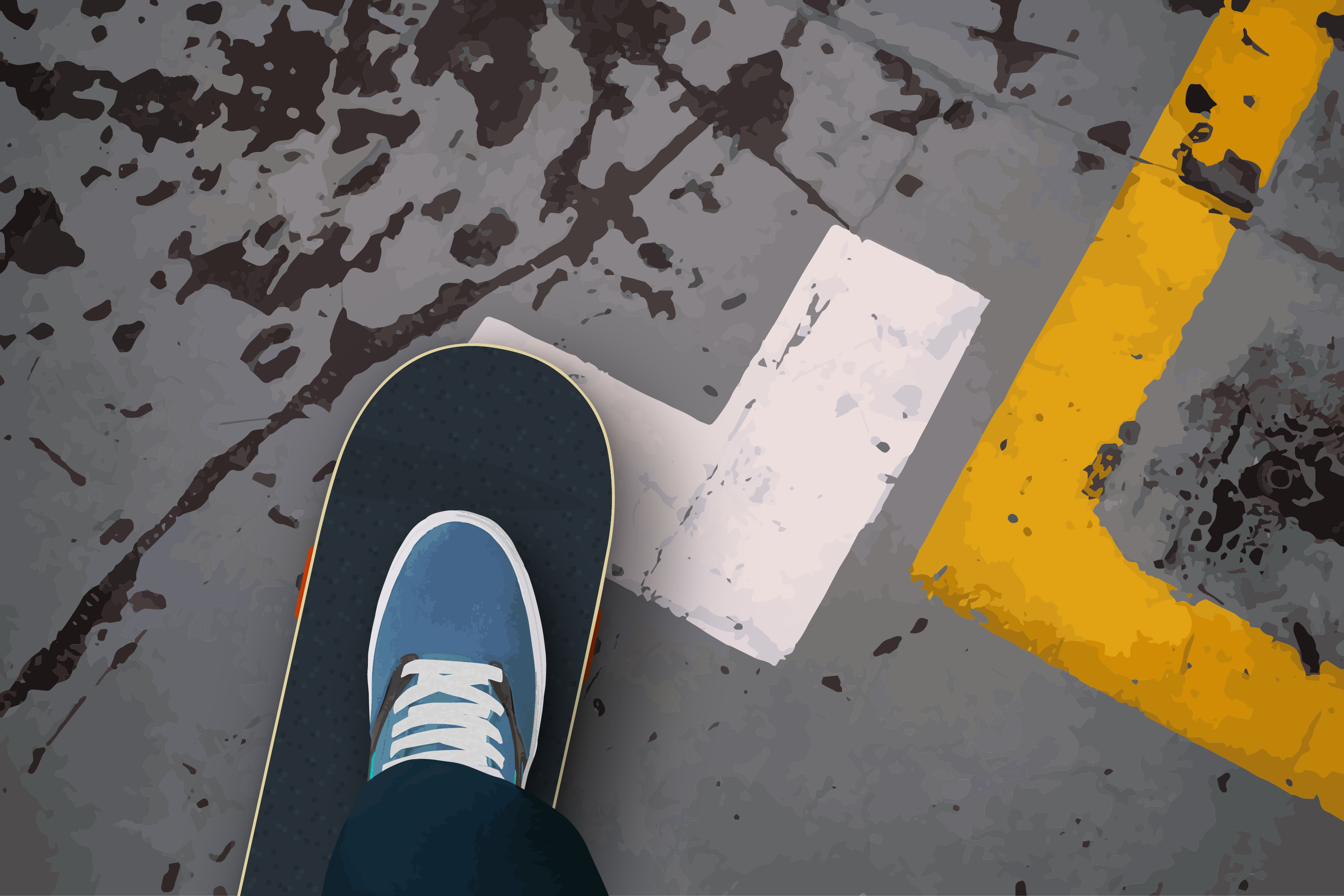 Skateboarding on an old industrial concrete floor illustration by Xavier Wendling.