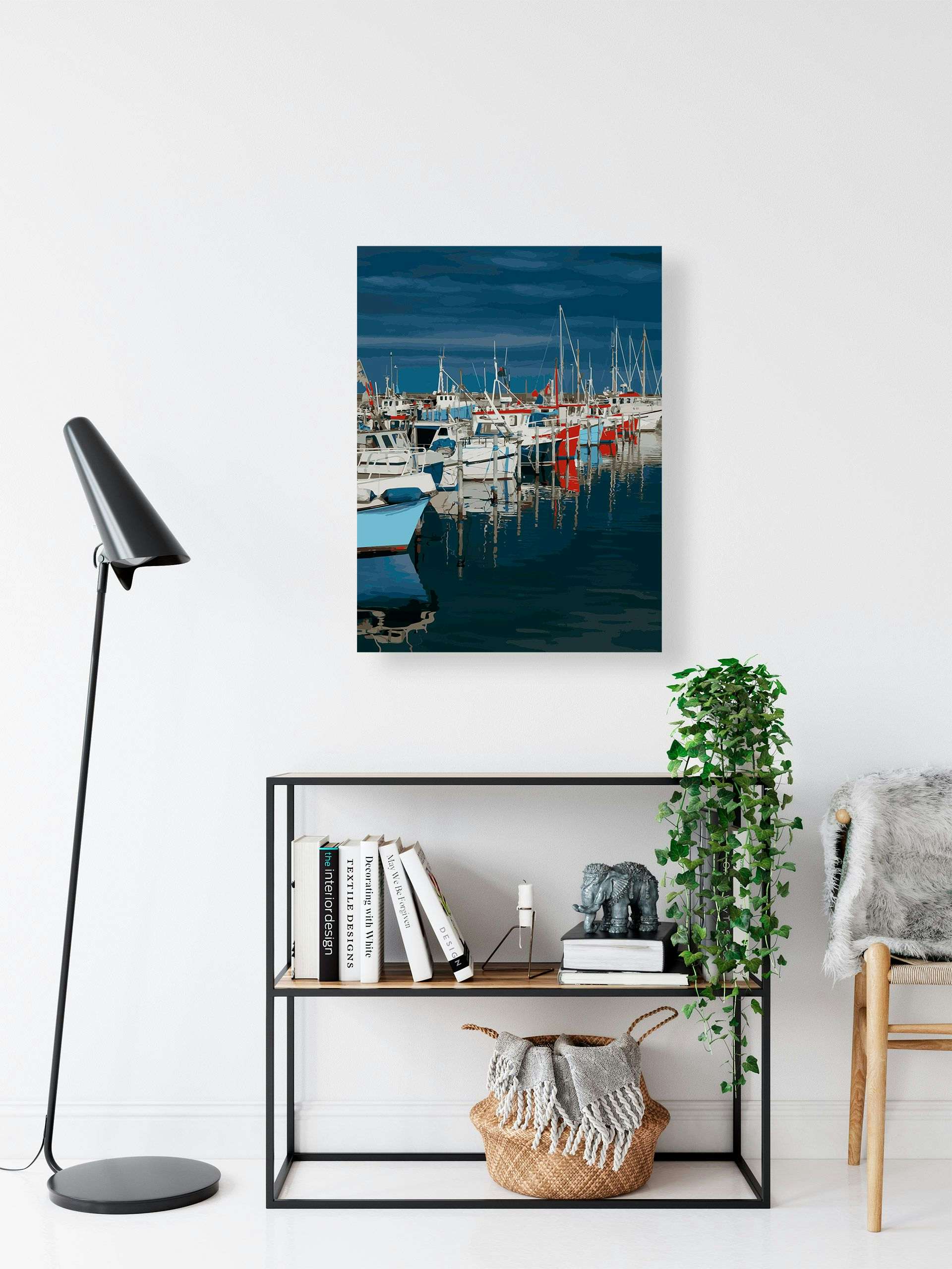 Skagen harbour reflections, photography and illustration by Xavier Wendling. Wall art mockup.