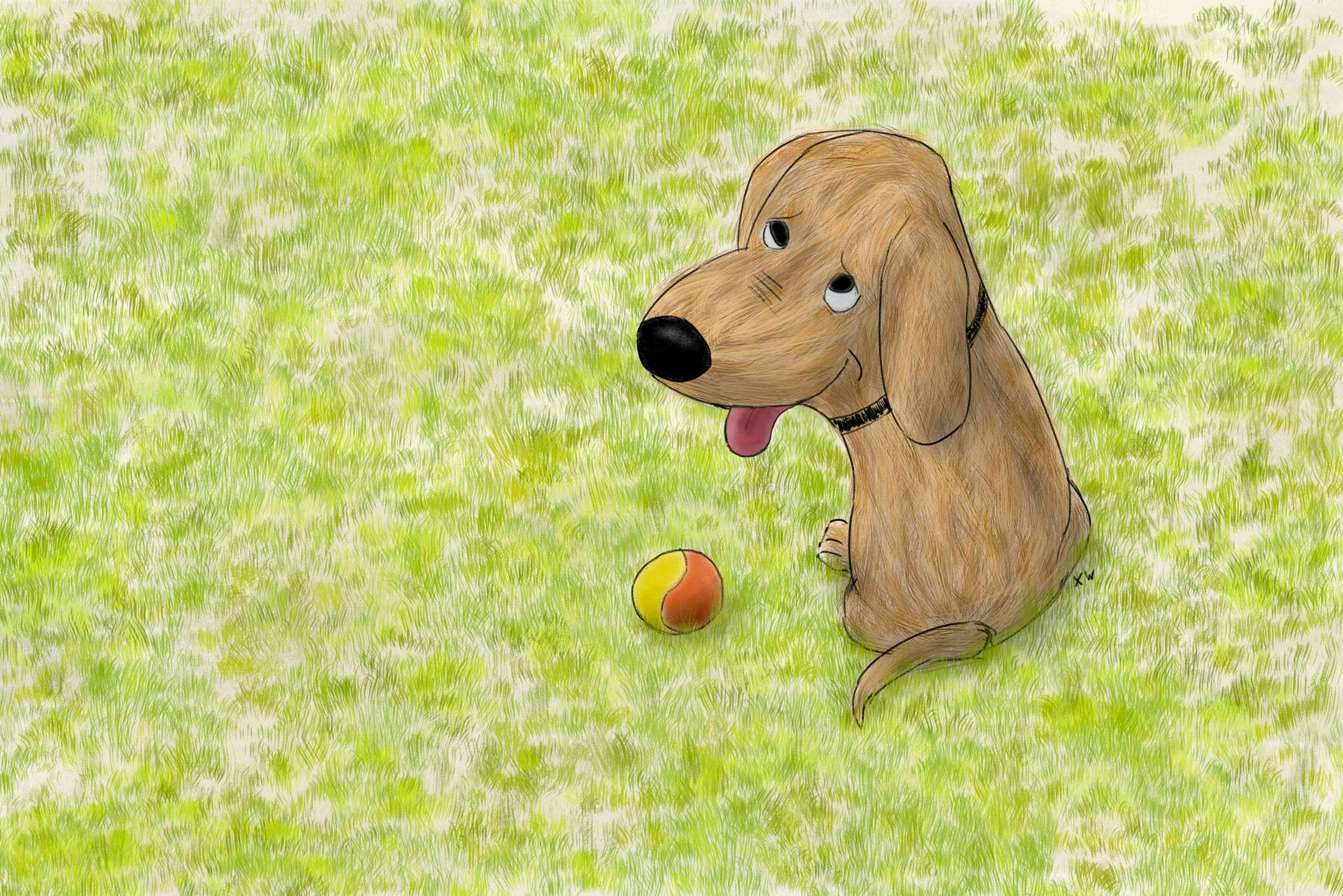 unny dog playing ball illustration. Digital art by Xavier Wendling.