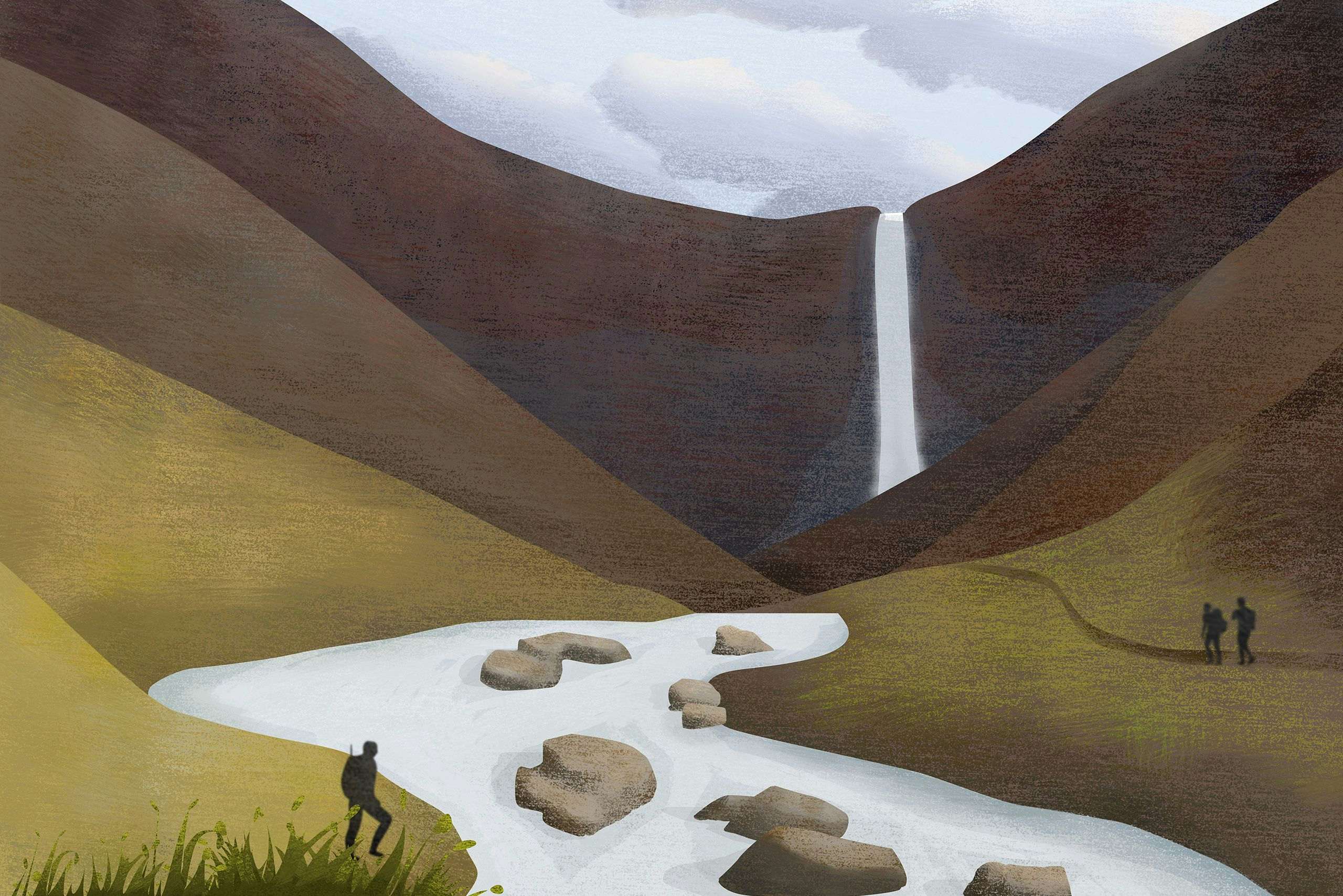 Hengifoss waterfall environment drawing by Xavier Wendling